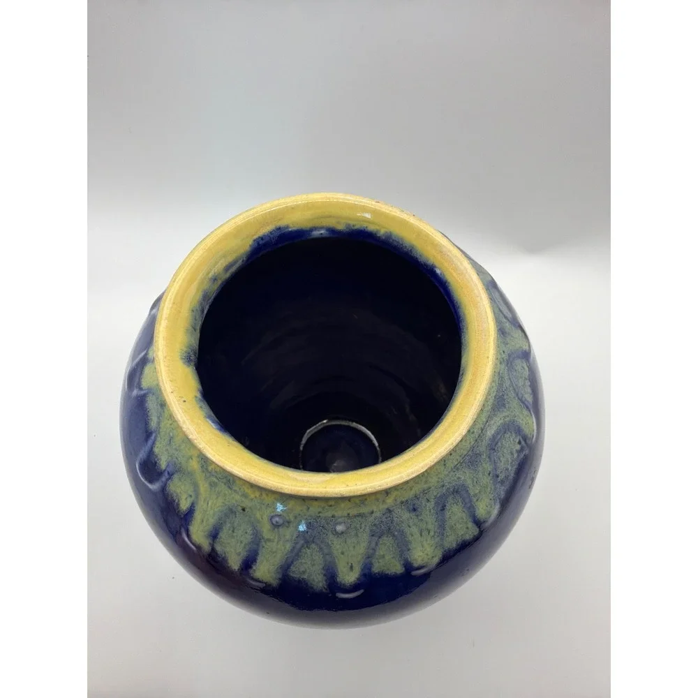 M Lee Signed Studio Pottery Vase Cobalt Blue Drip Glaze Round Ceramic 6.5 Inch